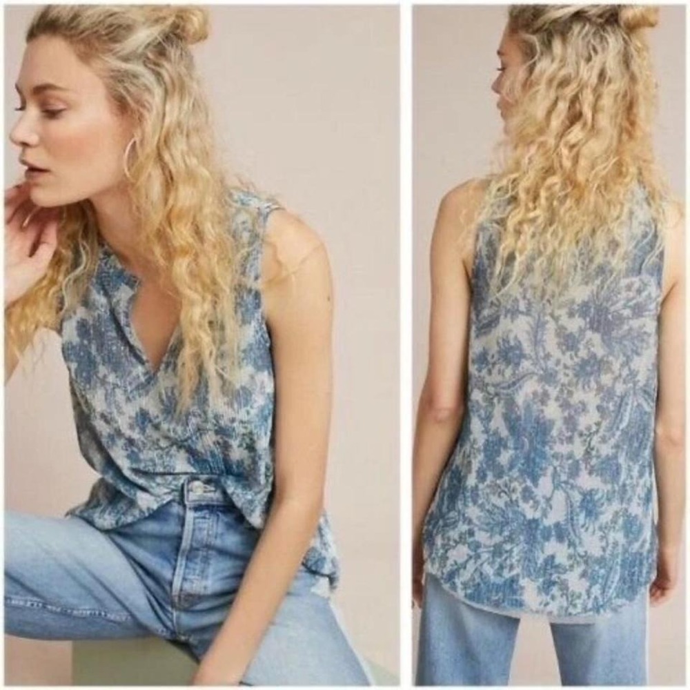 Vanessa Virginia Anthropologie Blue Silver Metallic Floral Top Small - Picture 2 of 7